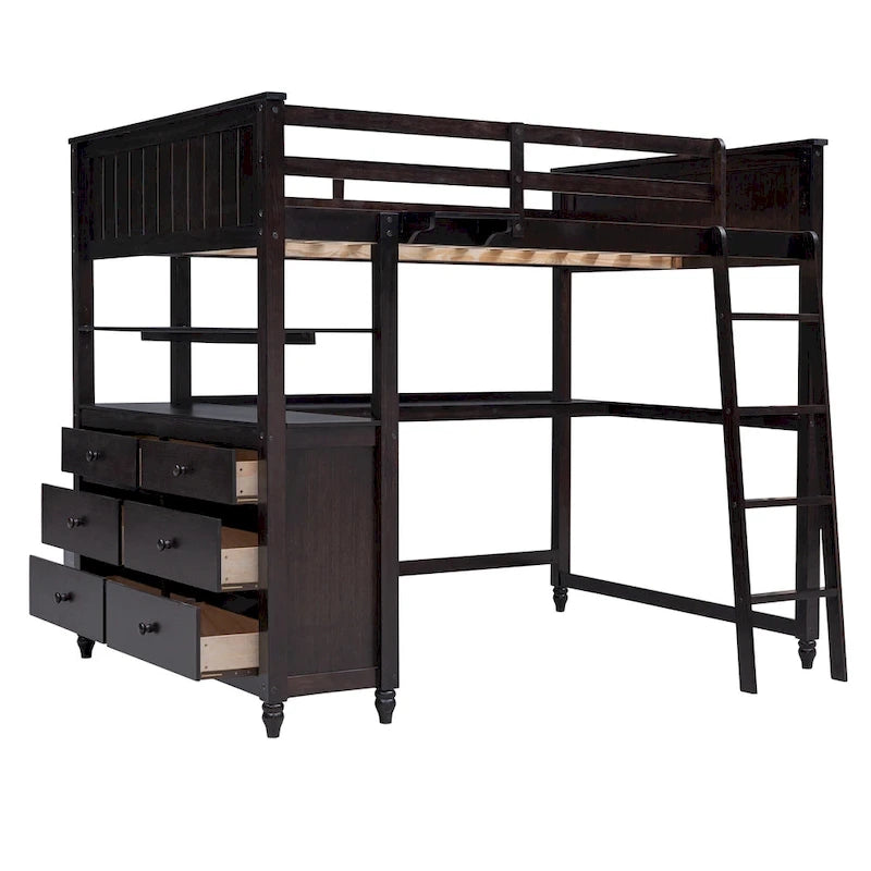 Letto a soppalco a grandezza naturale con cassetti e scrivania, letto a soppalco in legno con mensole