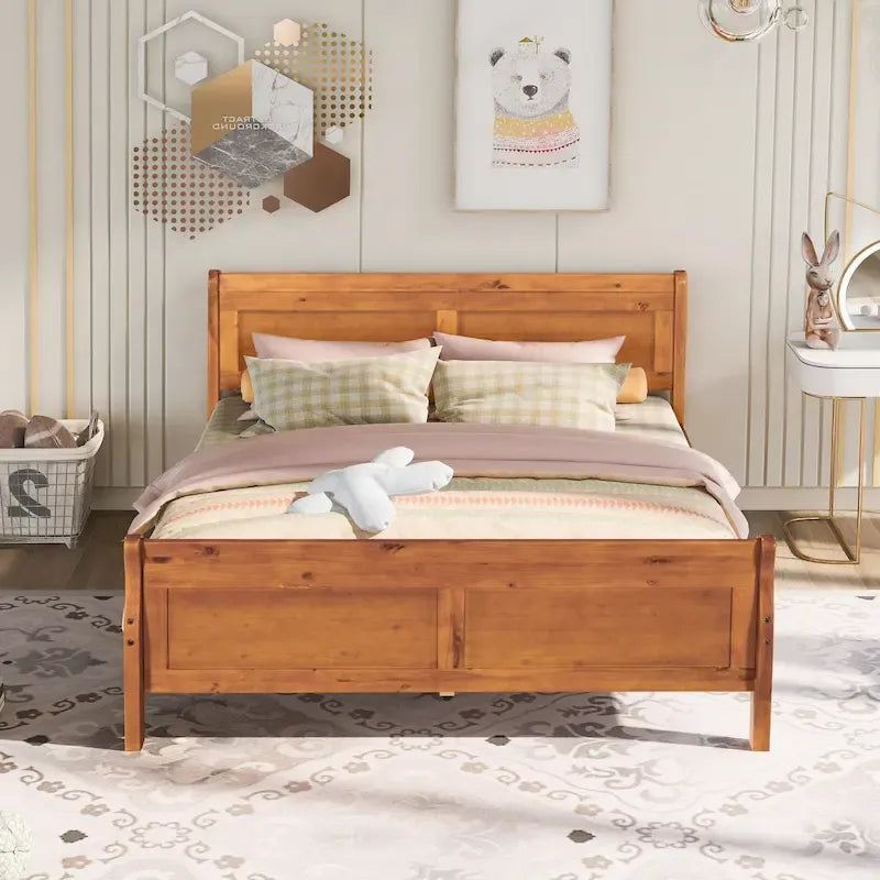 Letto a piattaforma matrimoniale in legno con testiera e supporto a doghe in legno, rovere