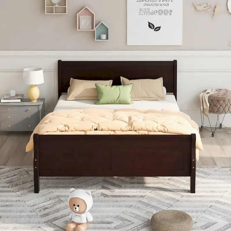 Letto a piattaforma matrimoniale in legno con testiera e supporto a doghe in legno, rovere