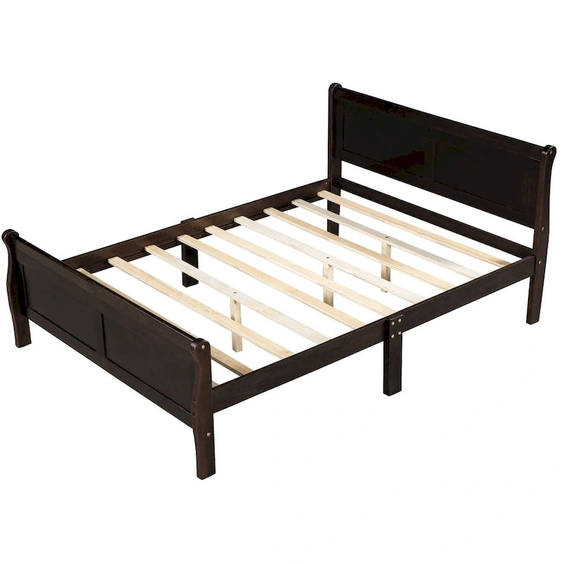 Letto a piattaforma matrimoniale in legno con testiera e supporto a doghe in legno, rovere