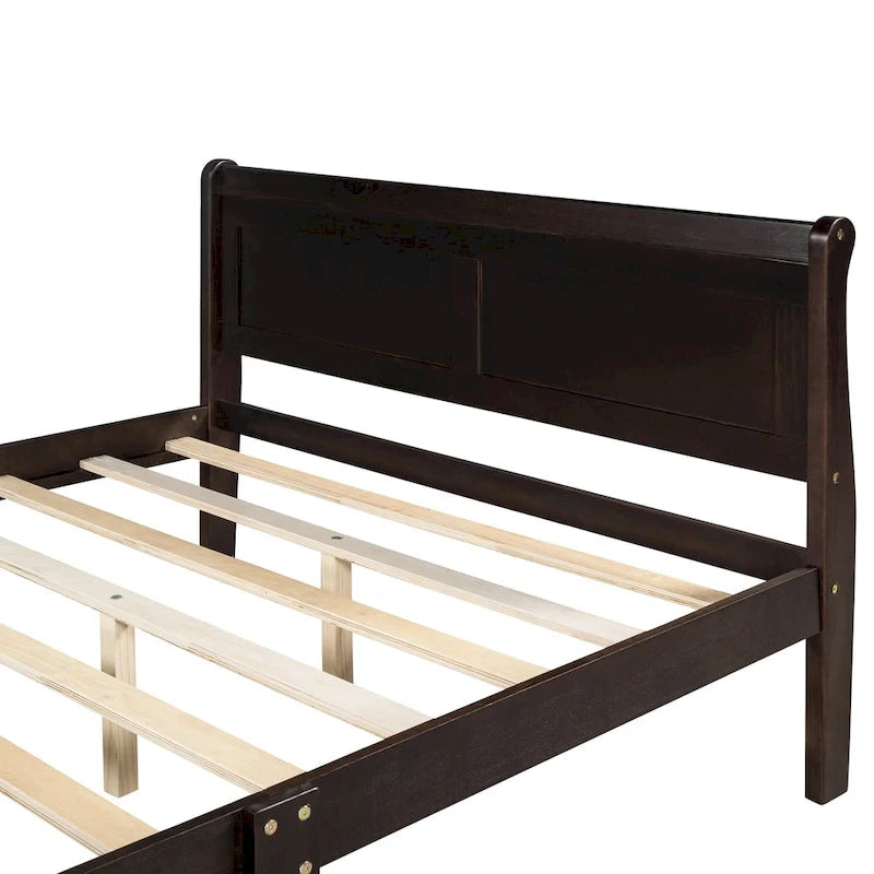 Letto a piattaforma matrimoniale in legno con testiera e supporto a doghe in legno, rovere