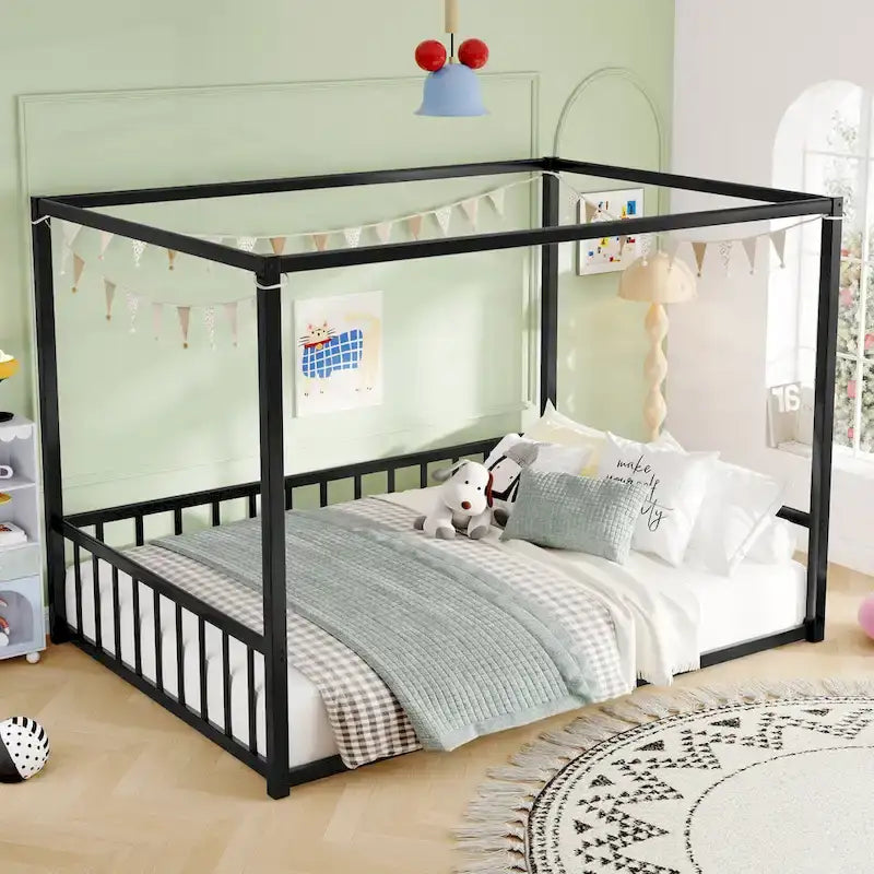 Letto a pavimento moderno in ferro matrimoniale con sponde multifunzione e struttura stabile