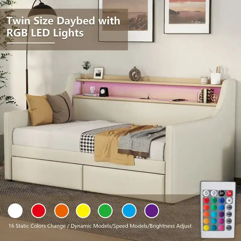 Divano letto imbottito singolo con contenitore e luci LED