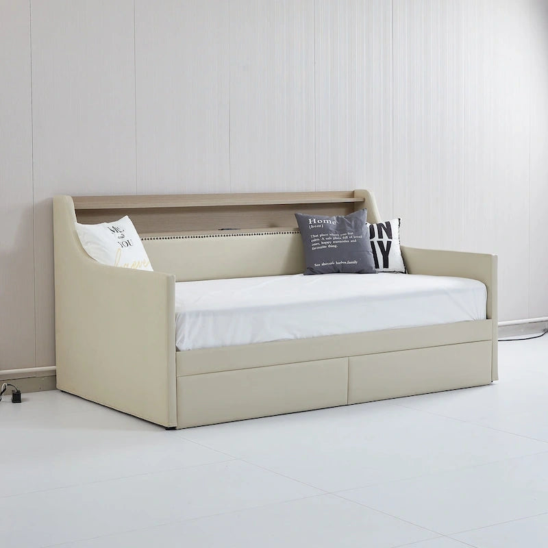 Divano letto imbottito singolo con contenitore e luci LED