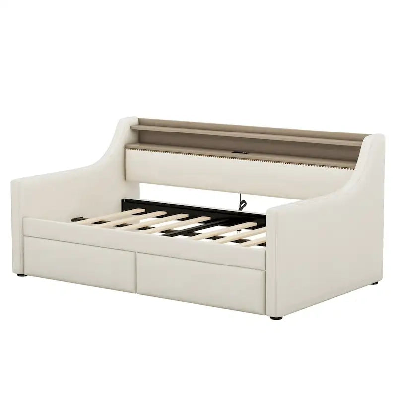 Divano letto imbottito singolo con contenitore e luci LED