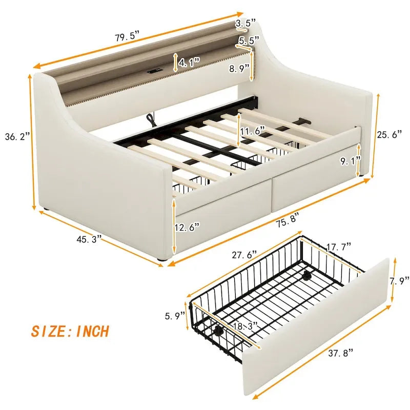 Divano letto imbottito singolo con contenitore e luci LED