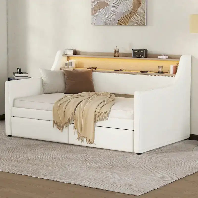 Divano letto imbottito singolo con contenitore e luci LED