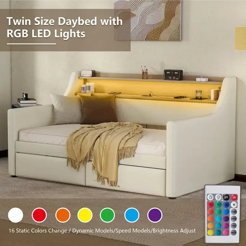 Divano letto imbottito singolo con contenitore e luci LED