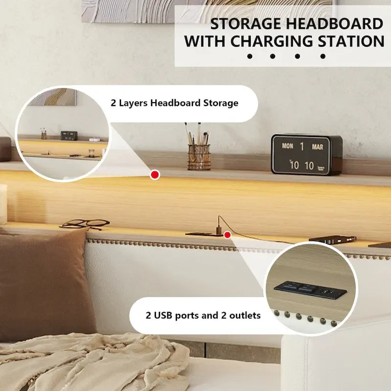 Divano letto imbottito singolo con contenitore e luci LED