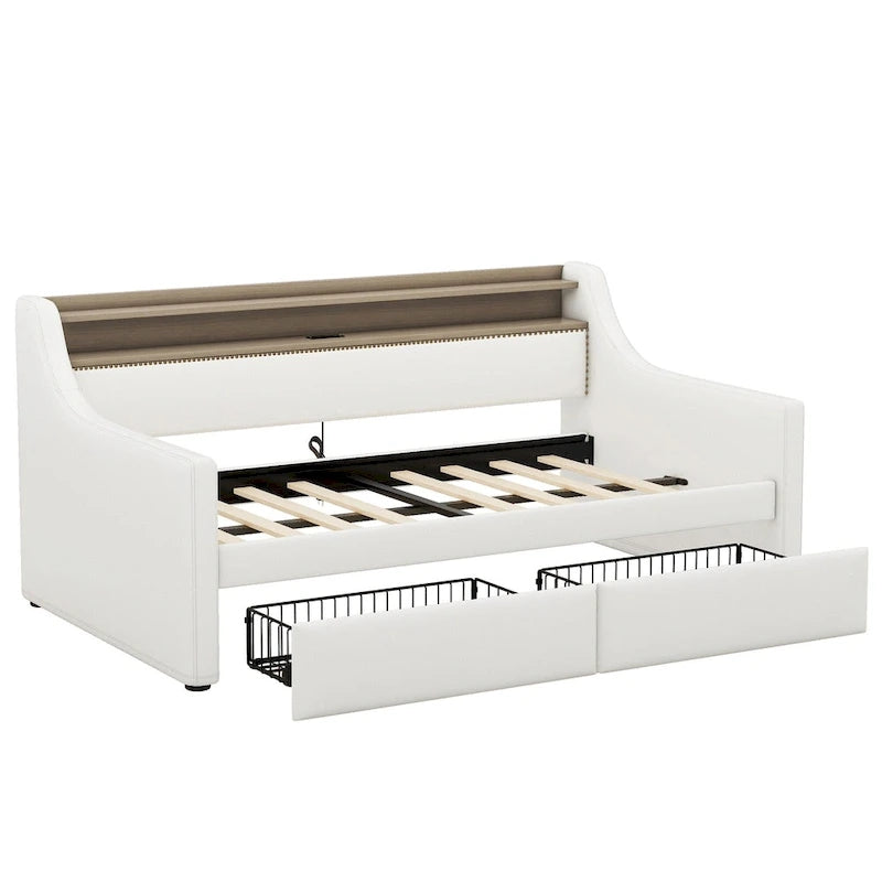 Divano letto imbottito singolo con contenitore e luci LED