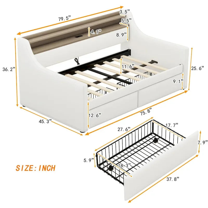 Divano letto imbottito singolo con contenitore e luci LED