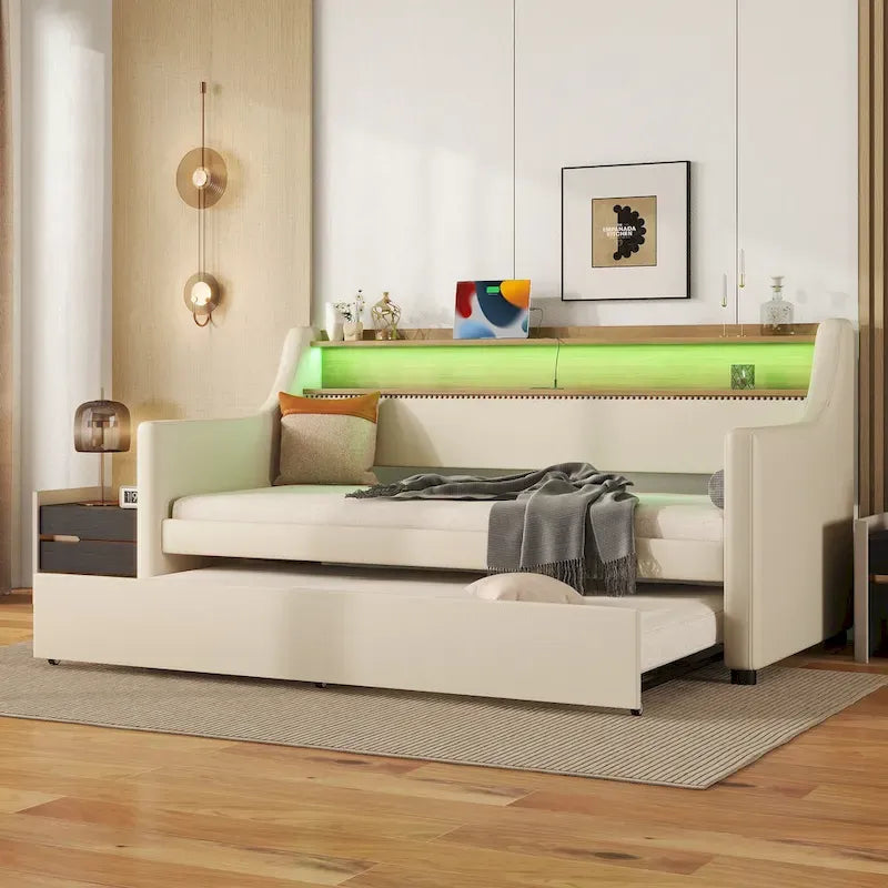 Letto a una piazza imbottito con letto estraibile e LED