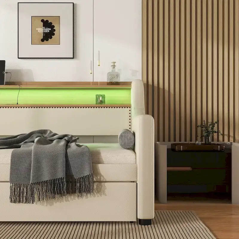 Letto a una piazza imbottito con letto estraibile e LED