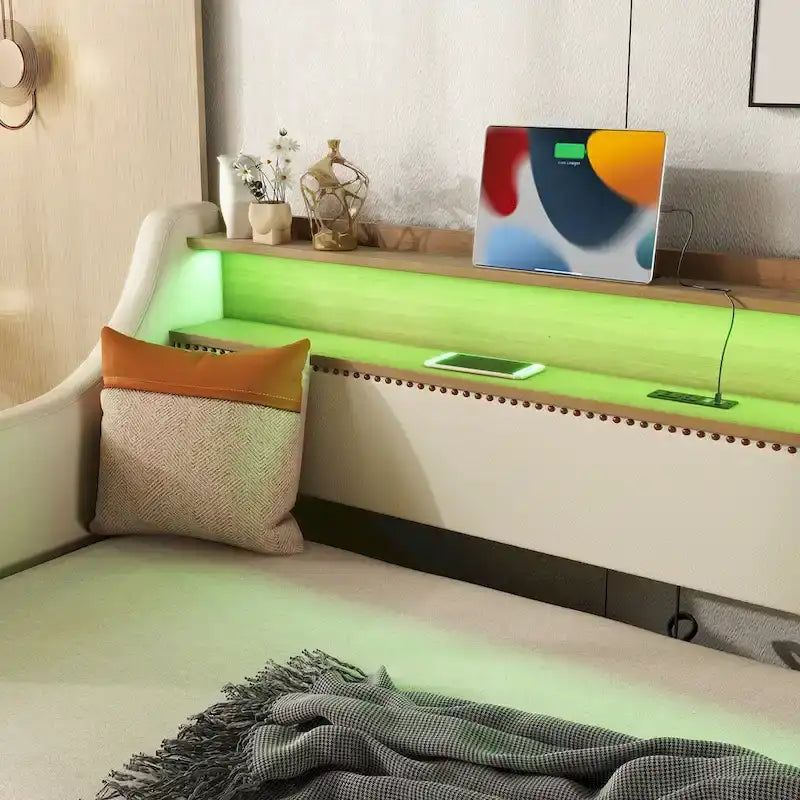 Letto a una piazza imbottito con letto estraibile e LED