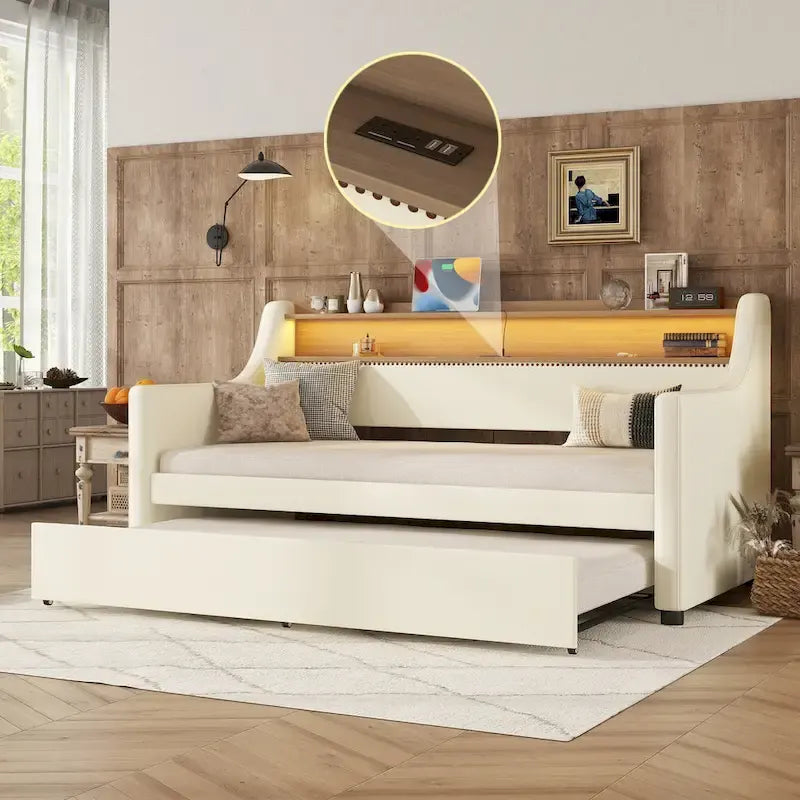 Letto a una piazza imbottito con letto estraibile e LED