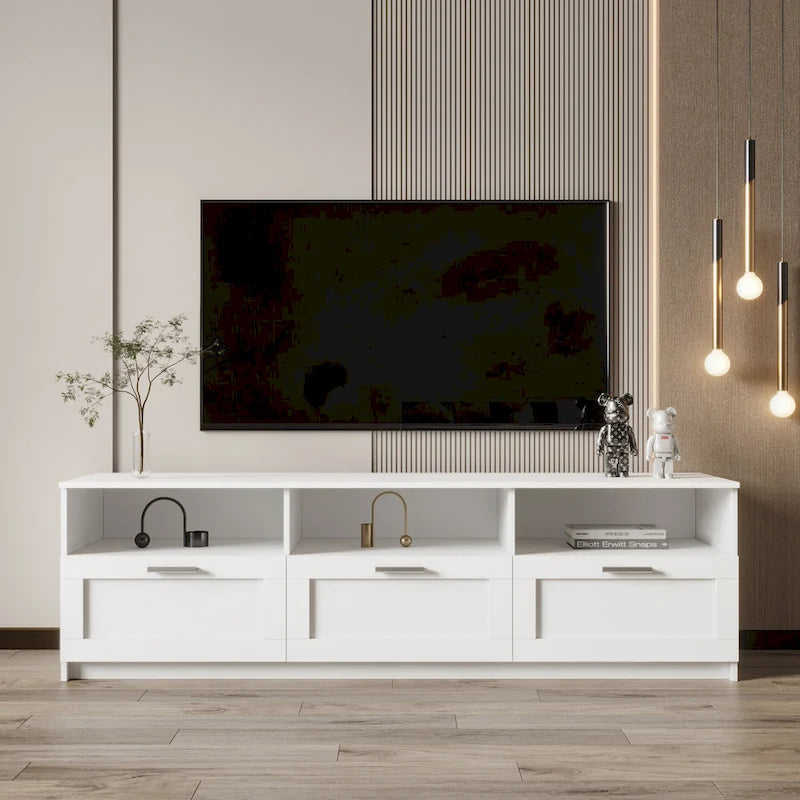 Mobile porta TV bianco da 70" con ripiani aperti e cassetti per il soggiorno