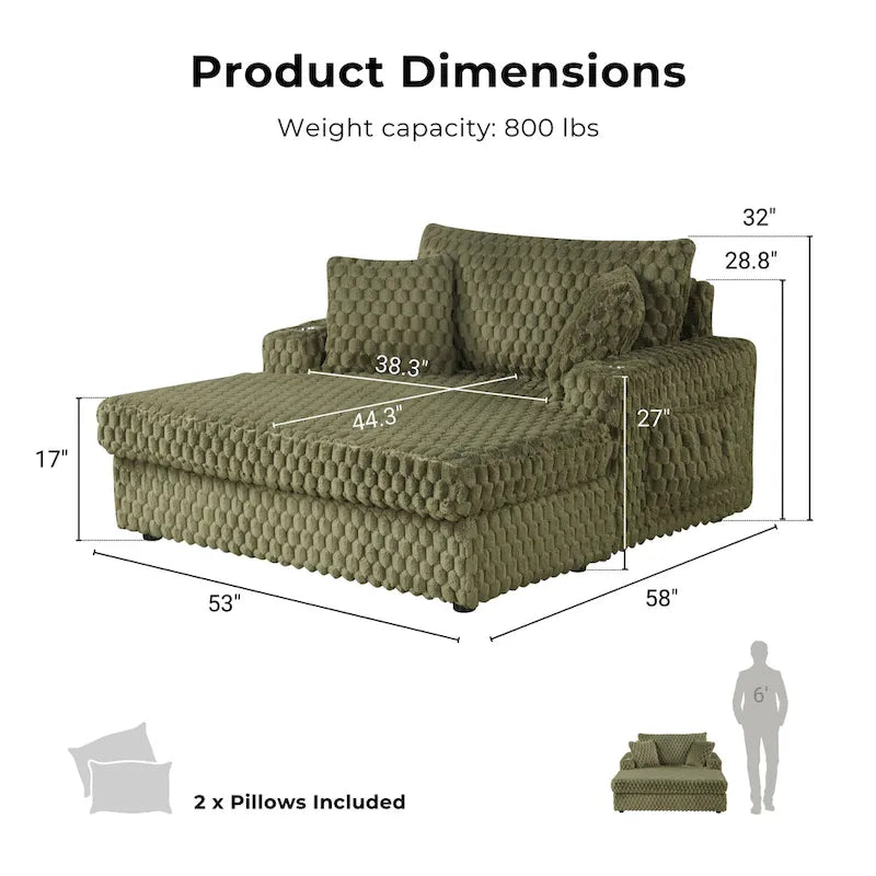 Chaise moderna imbottita con due braccioli e seduta oversize