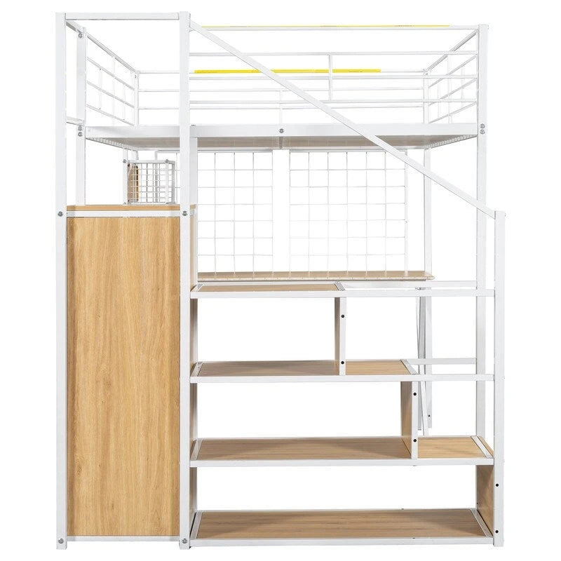 Letto a soppalco Twin/Full Size con scrivania integrata, armadio e scala contenitore, struttura in metallo con luce LED e rete metallica