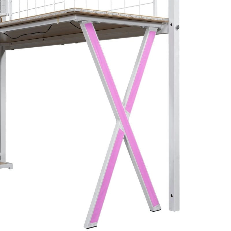 Letto a soppalco Twin/Full Size con scrivania integrata, armadio e scala contenitore, struttura in metallo con luce LED e rete metallica
