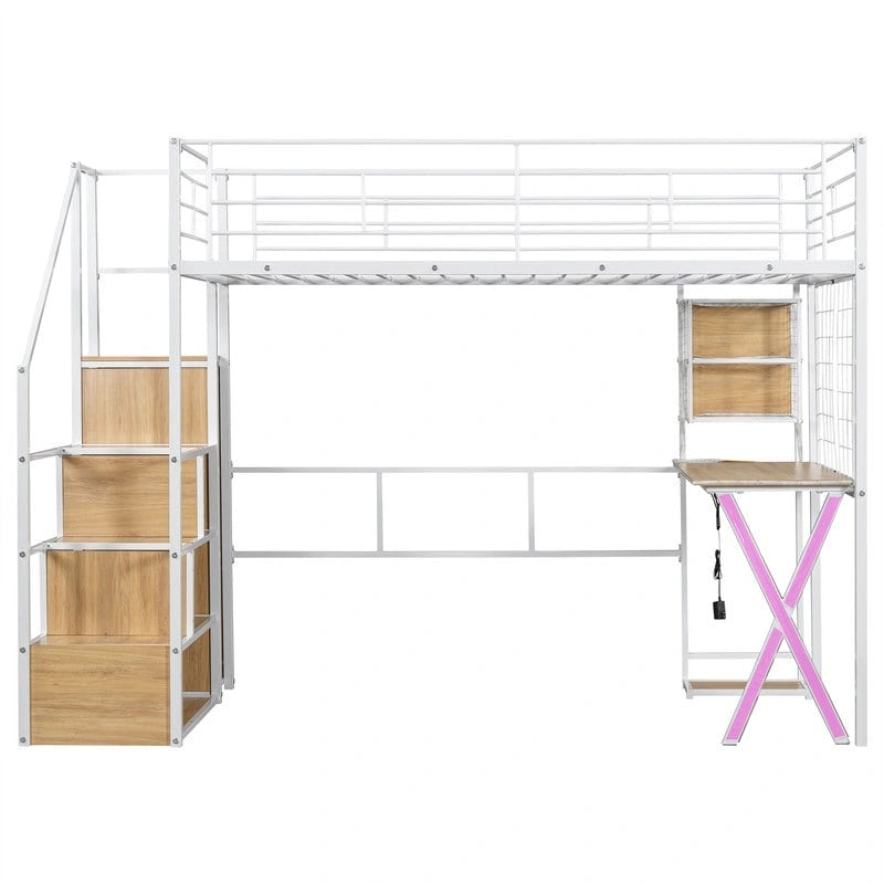 Letto a soppalco Twin/Full Size con scrivania integrata, armadio e scala contenitore, struttura in metallo con luce LED e rete metallica