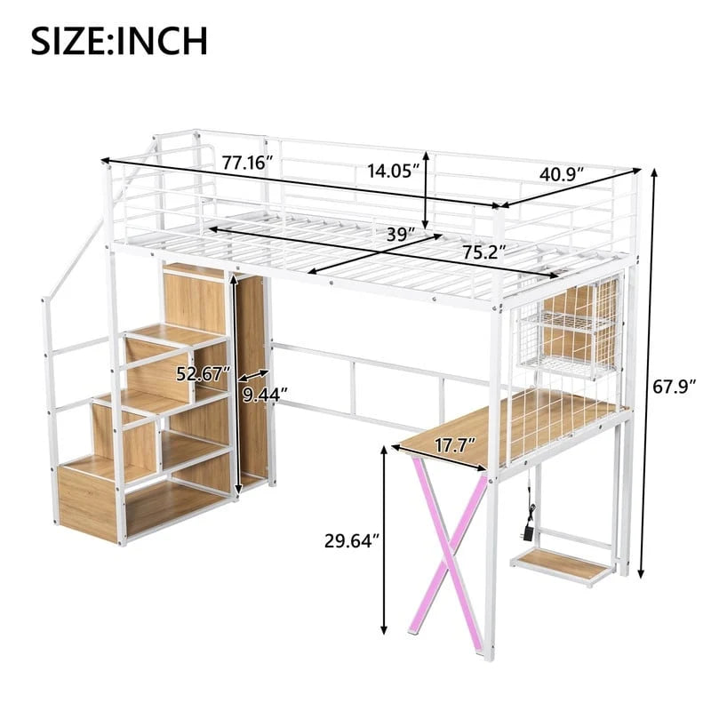 Letto a soppalco Twin/Full Size con scrivania integrata, armadio e scala contenitore, struttura in metallo con luce LED e rete metallica