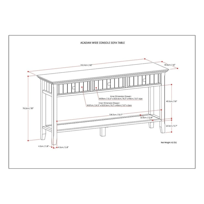 Tavolo da divano/consolle largo transizionale in LEGNO MASSELLO Normandy da 60 pollici - 60 x 16 x 30