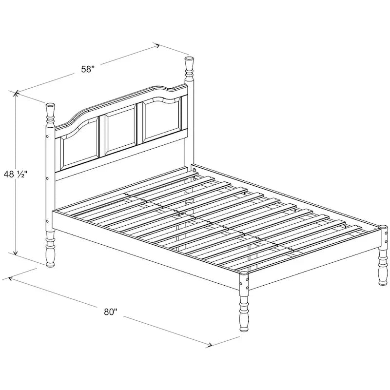 Letto Queen con pannelli rialzati e montanti torniti in legno massello al 100%.