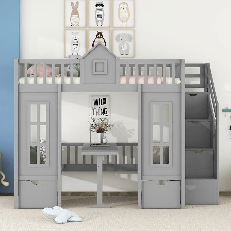 Letto a castello Twin-Over-Twin con tavolo convertibile, il letto a castello si trasforma in letto superiore e scrivania inferiore - Grigio