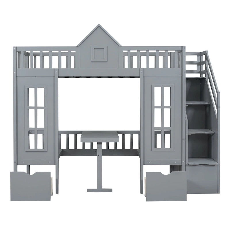 Letto a castello Twin-Over-Twin con tavolo convertibile, il letto a castello si trasforma in letto superiore e scrivania inferiore - Grigio