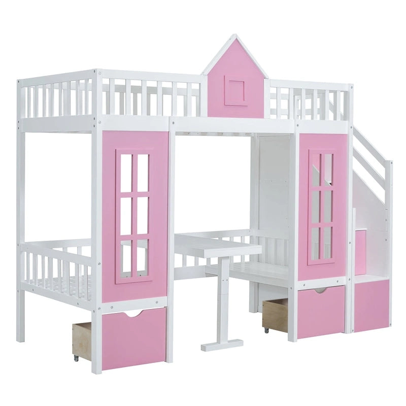 Letto a castello Twin-Over-Twin con tavolo convertibile, il letto a castello si trasforma in letto superiore e scrivania inferiore - Grigio