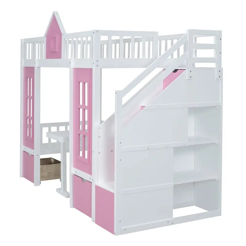 Letto a castello Twin-Over-Twin con tavolo convertibile, il letto a castello si trasforma in letto superiore e scrivania inferiore - Grigio