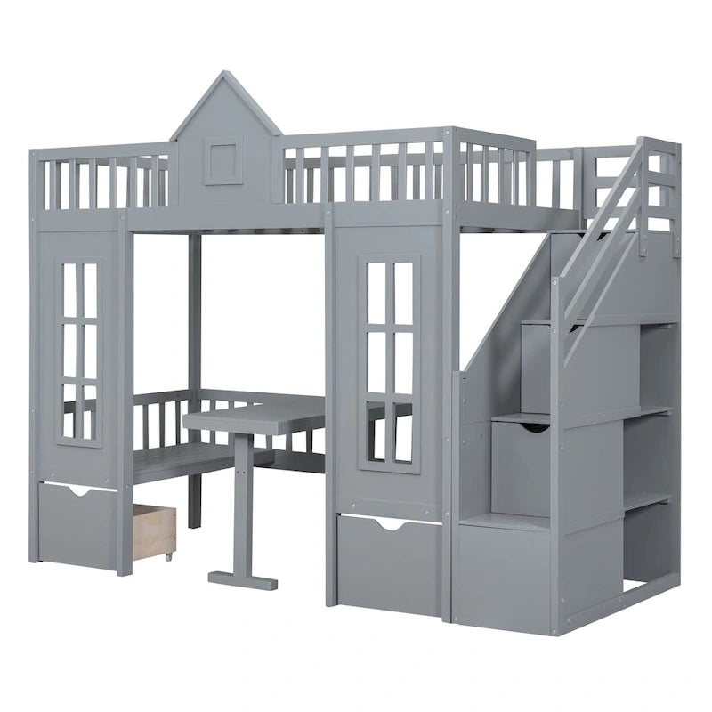 Letto a castello Twin-Over-Twin con tavolo convertibile, il letto a castello si trasforma in letto superiore e scrivania inferiore - Grigio