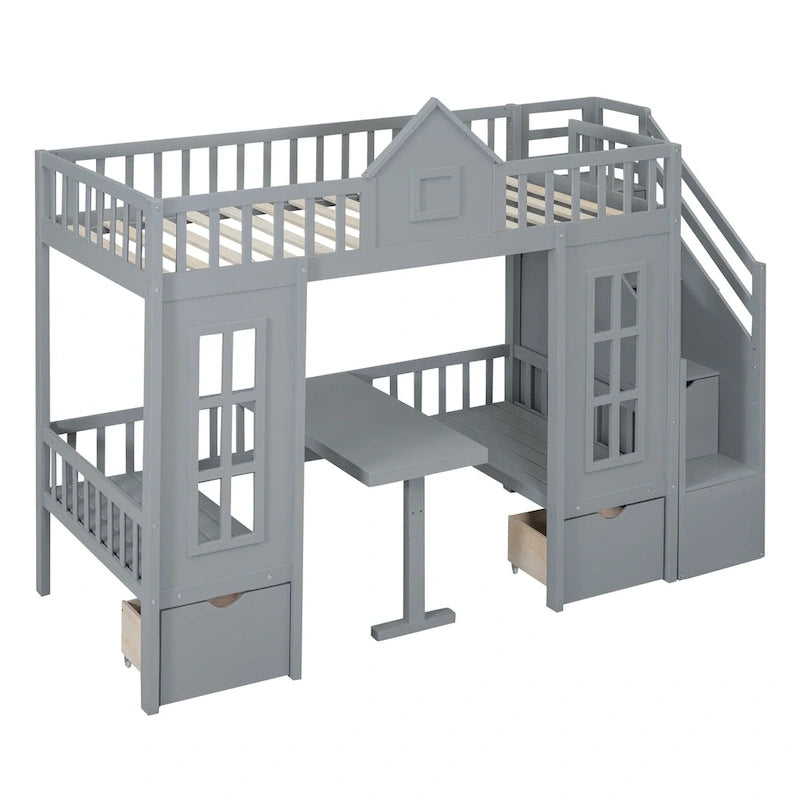Letto a castello Twin-Over-Twin con tavolo convertibile, il letto a castello si trasforma in letto superiore e scrivania inferiore - Grigio
