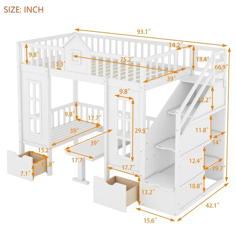 Letto a castello Twin-Over-Twin con tavolo convertibile, il letto a castello si trasforma in letto superiore e scrivania inferiore - Grigio