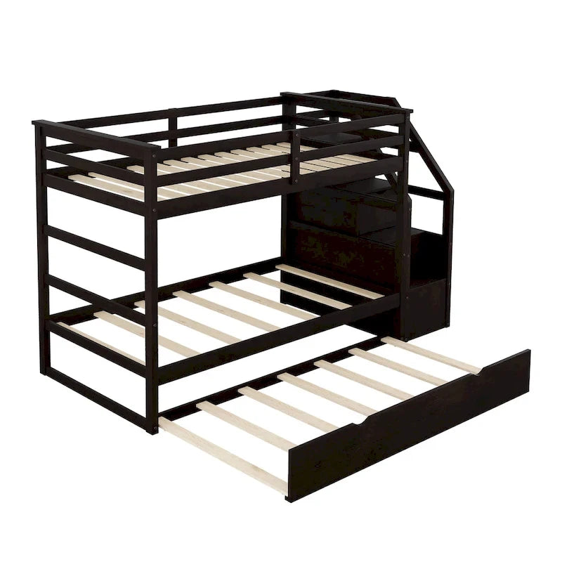 Letto a Castello Gemello con Letto Estraibile e 3 Gradini Contenitore, Espresso