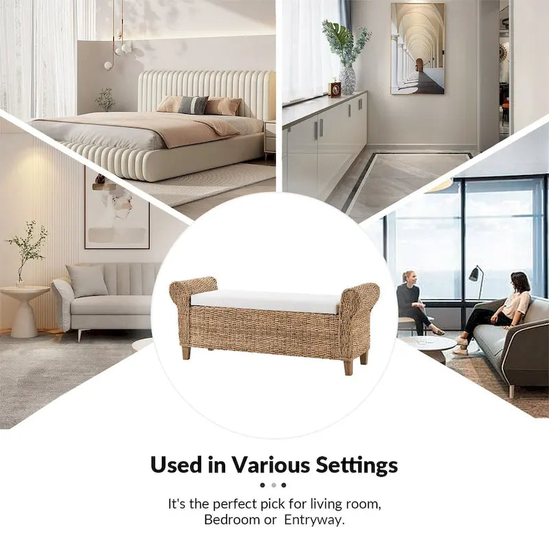 Panca contenitore Boho Farmhouse in rattan con intagli a traforo