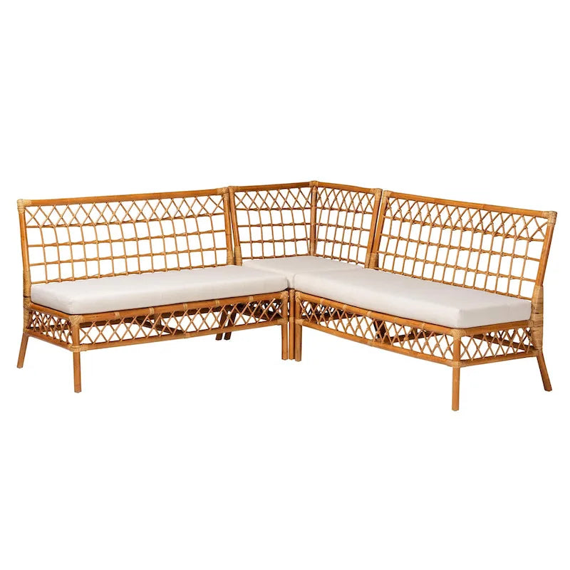 Set panca angolare da pranzo moderno bohémien in rattan color miele da 3 pezzi
