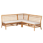 Set panca angolare da pranzo moderno bohémien in rattan color miele da 3 pezzi