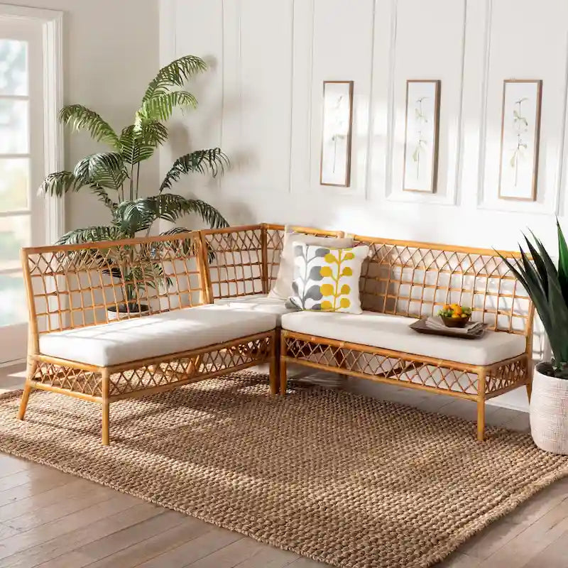 Set panca angolare da pranzo moderno bohémien in rattan color miele da 3 pezzi