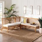 Set panca angolare da pranzo moderno bohémien in rattan color miele da 3 pezzi