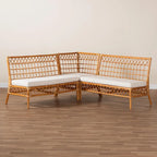 Set panca angolare da pranzo moderno bohémien in rattan color miele da 3 pezzi