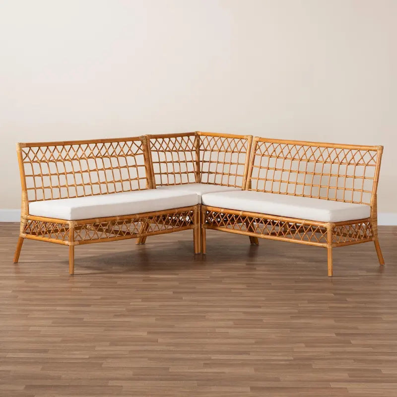Set panca angolare da pranzo moderno bohémien in rattan color miele da 3 pezzi