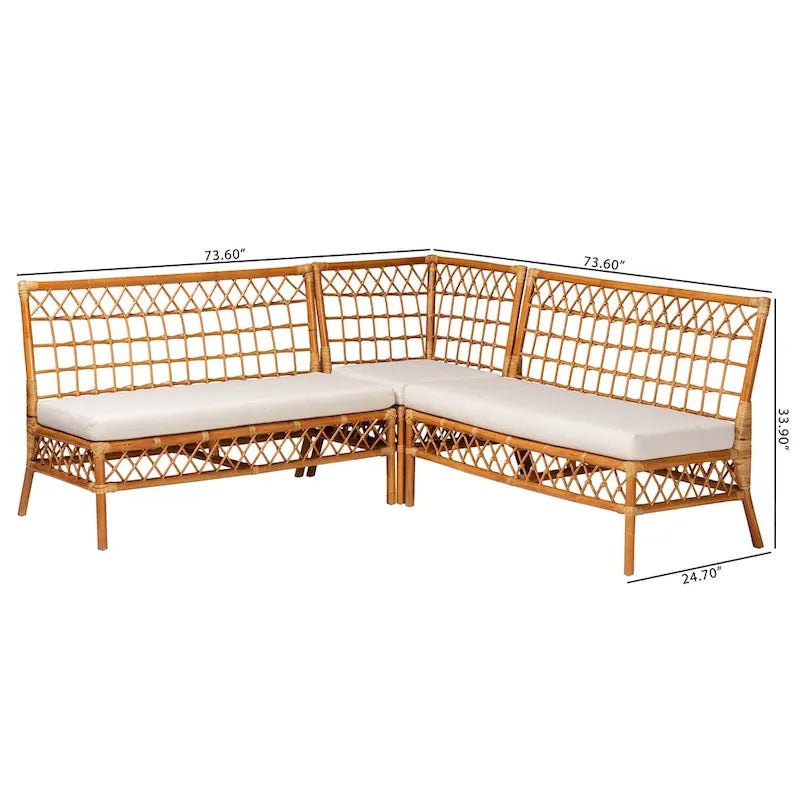 Set panca angolare da pranzo moderno bohémien in rattan color miele da 3 pezzi