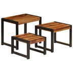 Set di 3 Tavolini Nidificabili, Legno di Sheesham, Struttura in Acciaio Nero