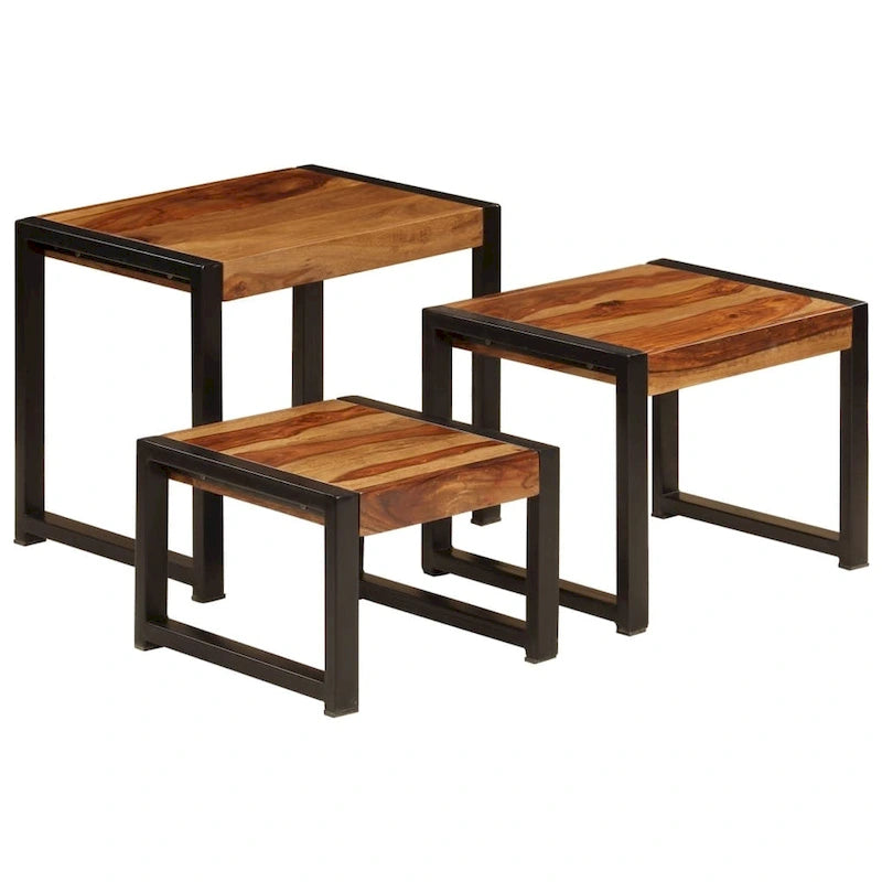 Set di 3 Tavolini Nidificabili, Legno di Sheesham, Struttura in Acciaio Nero