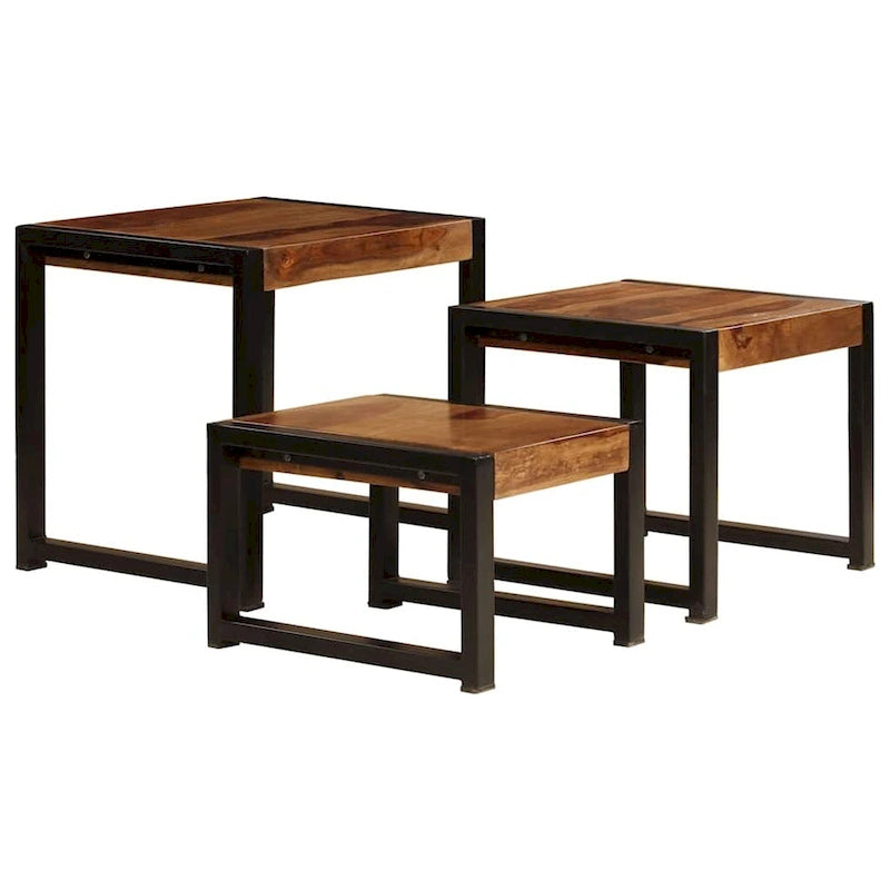 Set di 3 Tavolini Nidificabili, Legno di Sheesham, Struttura in Acciaio Nero