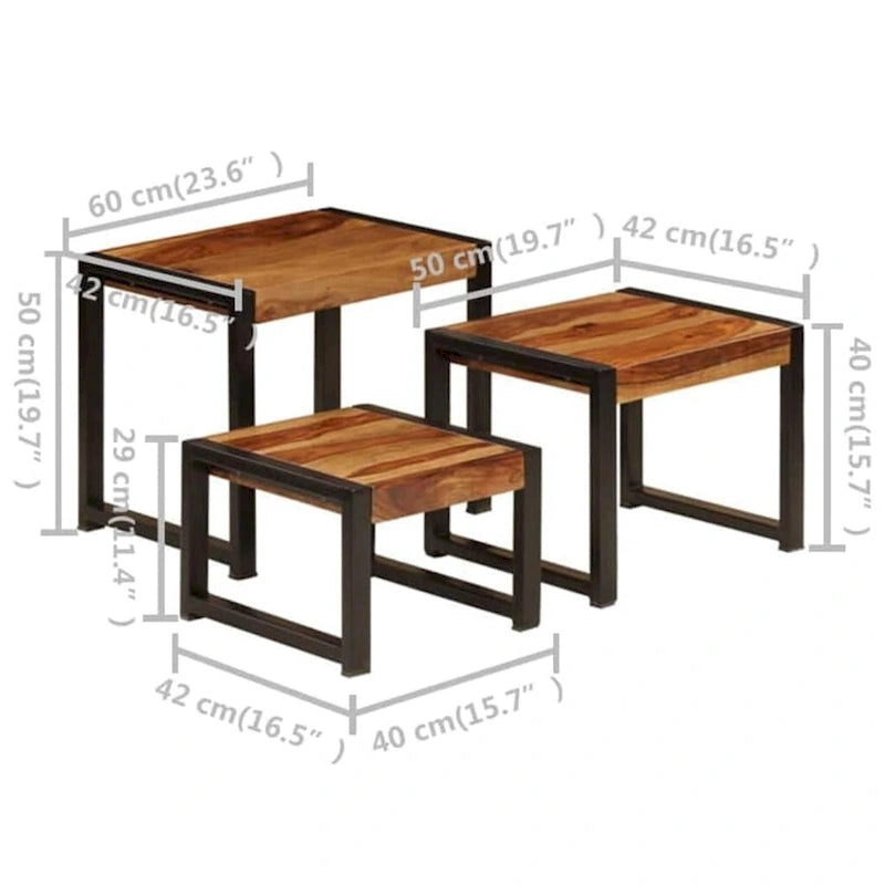 Set di 3 Tavolini Nidificabili, Legno di Sheesham, Struttura in Acciaio Nero