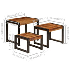 Set di 3 Tavolini Nidificabili, Legno di Sheesham, Struttura in Acciaio Nero
