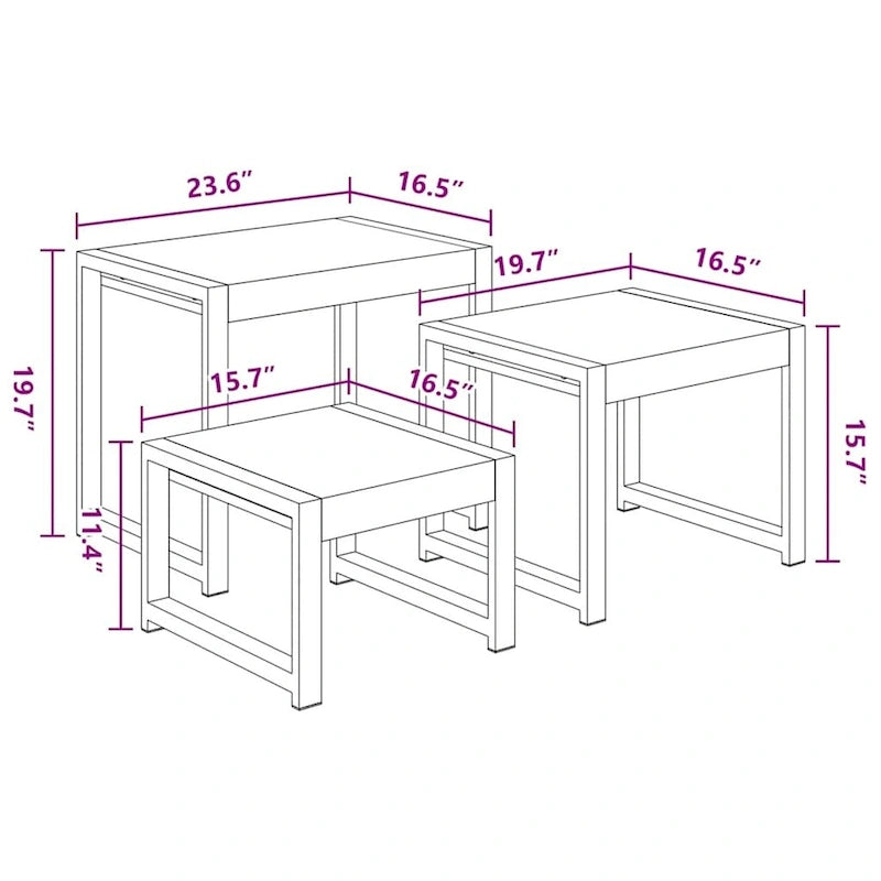 Set di 3 Tavolini Nidificabili, Legno di Sheesham, Struttura in Acciaio Nero