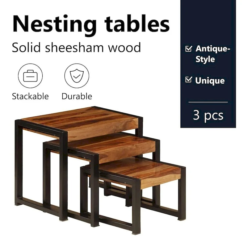 Set di 3 Tavolini Nidificabili, Legno di Sheesham, Struttura in Acciaio Nero